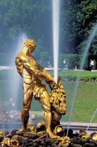 Statue of Samson Prying Open the Jaw of a Lion in Peterhof, St. Petersburg, Russia